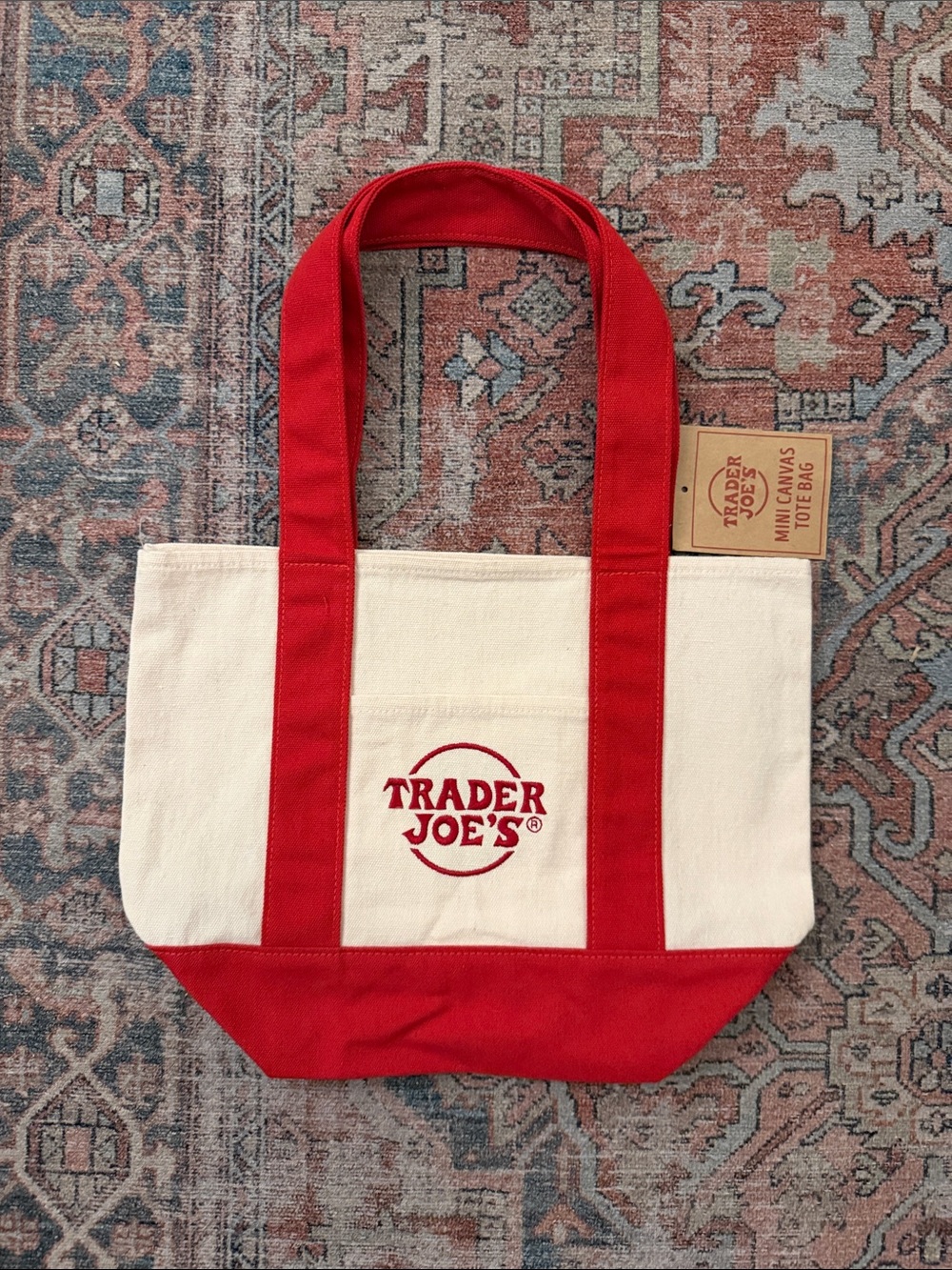 TRADER JOE'S Cream Canvas Logo Tote with Red Straps - NWT!